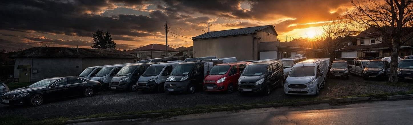 Автомобили и бусове на площадката на Maho Cars, гр. Полски Тръмбеш